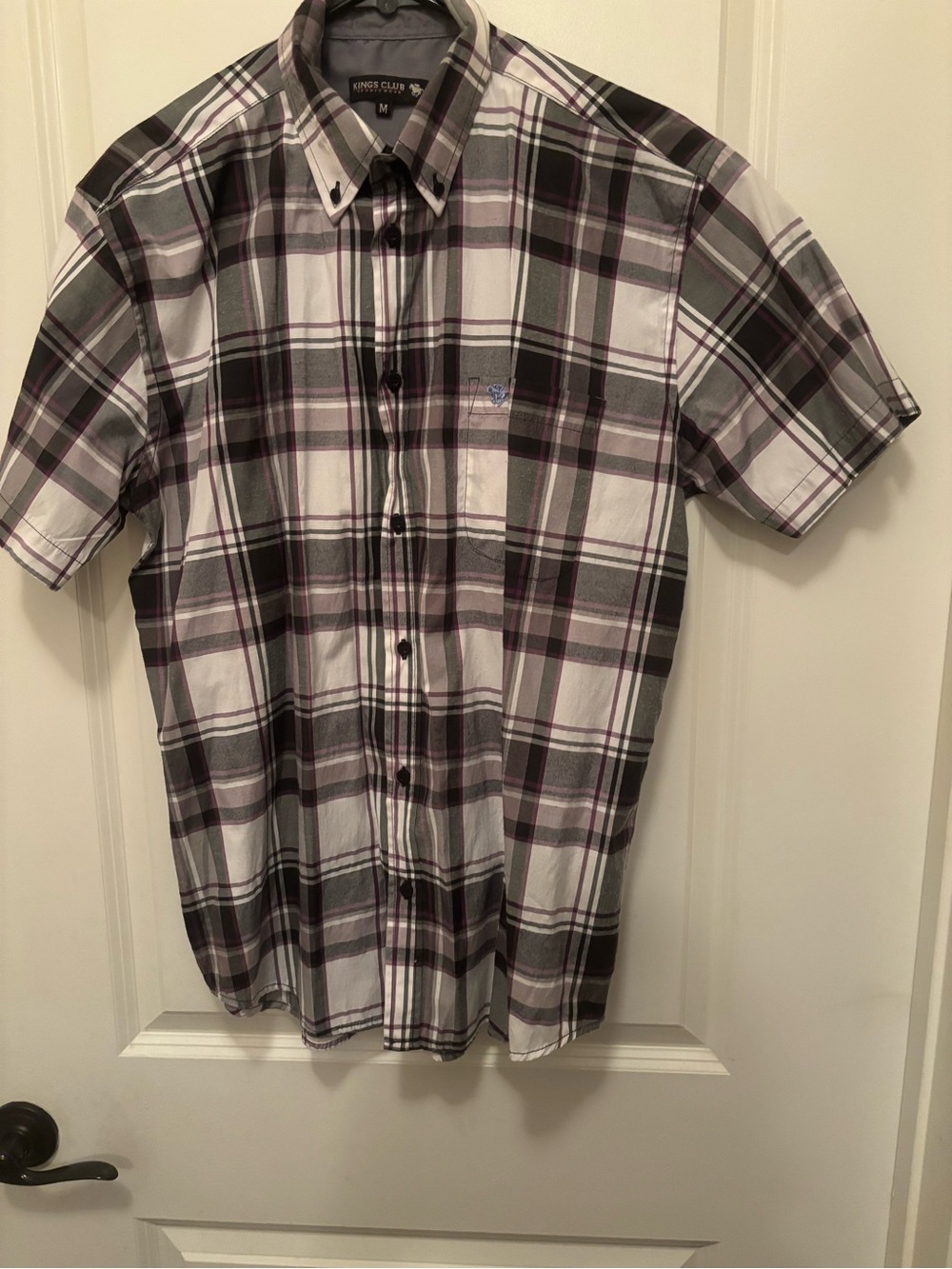 Short-Sleeve Plaid Button-Up Shirt - White & Gray with Purple King’s Club Plaid